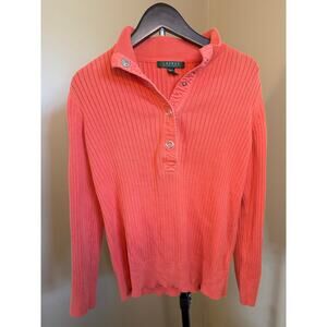 Lauren Ralph Lauren Ribbed Quarter Snap Pullover Coral Sweater Medium